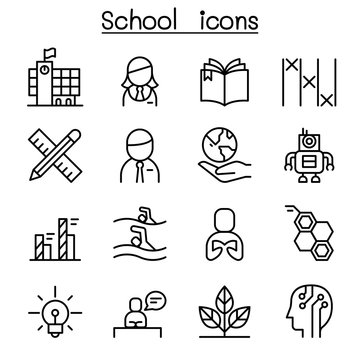 School , Learning & Education icon set in thin line style