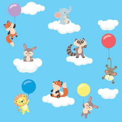 Baby animals in the sky with balloons and clouds collection