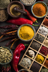 Close-up of different types of Assorted Spices in a wooden box
