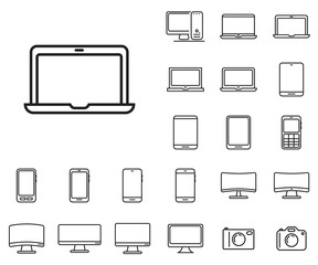 Laptop icon in set on the white background. 
Set of thin, linear and modern electronic equipment icons.
Universal linear icons to use in web and mobile app.