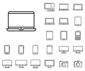 
Modern laptop icon in set on the white background. 
Set of thin, linear and modern electronic equipment icons.
Universal linear icons to use in web and mobile app.