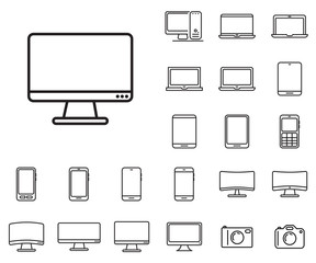 Monitor icon in set on the white background. 
Set of thin, linear and modern electronic equipment icons.
Universal linear icons to use in web and mobile app.