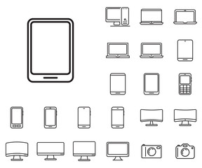Tablet icon in set on the white background. 
Set of thin, linear and modern electronic equipment icons.
Universal linear icons to use in web and mobile app.