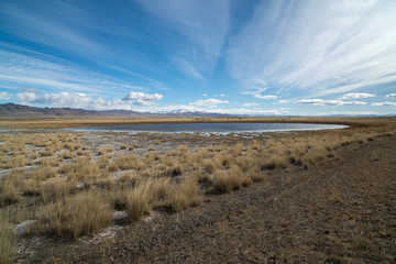 Autumn landscape with a lake in the Altai