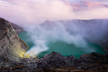 Lake and Sulfur Mine at Khawa Ijen Volcano Crater, Java Island, Indonesia