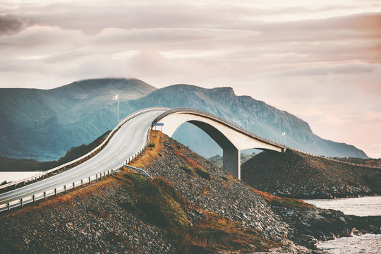 Fototapeta Atlantic road in Norway Storseisundet bridge over ocean scandinavian travel landmarks