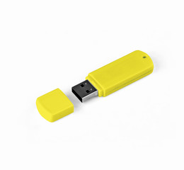 Yellow usb flash drive on a white background.
