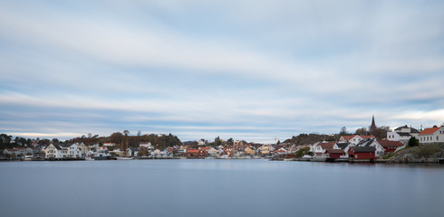 Grimstad city seen from a distance, Norway, Europe. Panorama