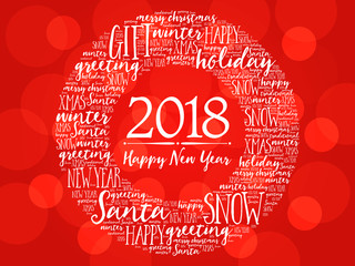 2018 Happy New Year. Christmas background word cloud, holidays lettering collage