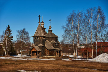 Wooden orthodox temple/City landscape of Suzdal. Wooden Orthodox church at the museum. The monument of wooden architecture of Russia.Suzdal.Golden Ring of Russia