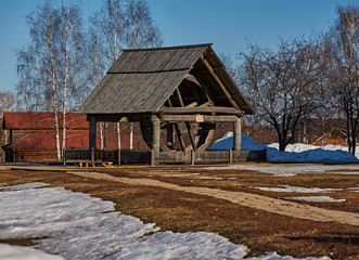 Wooden water wheel under the roof/The wheel of the water mill under the roof. The monument of wooden architecture of Russia.Suzdal.Golden Ring of Russia