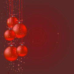 Red christmas balls hanging with ribbons vector background