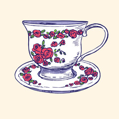 Cup and saucer with red roses and leaves ornament, hand drawn doodle, simple sketch in pop art style, vector color illustration