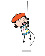 Climbing Rope in Fear - Cartoon Artist Vector Illustration
