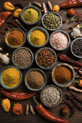 Spices and herbs and Wooden bowl