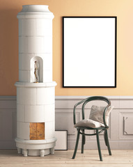 Stuhl mit Kissen, Kaminofen und Bilderrahmen vor dunkelgelber Wand