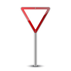 Yield triangle sign blank. Traffic red road sign isolated on white background. Warning street safety icon for transportation. Guidepost pole. Empty sign template. Vector illustration