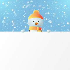 Vector cute cartoon snowman showing a white empty paper banner in hands. Holiday template for design greeting cards and flyers for Christmas and New Year with snowfall on the blue background.