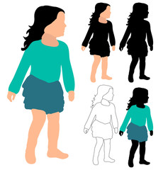 silhouette little girl dancing, sketch, vector, isolated,