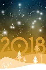 Winter scenery with galaxy on the sky. Happy 2018 New Year Christmas Card featuring fir trees, snow, cosmos and stars.