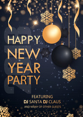 Merry Christmas and Happy New Year 2018. Invitation to a party. Gold and black colors. Place for text Christmas decorations, star balls. Leaflet brochure. Vector illustration