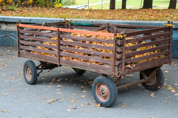 Old trailer filled with dead leaves in the city park