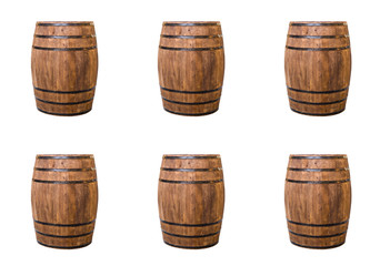 Obraz premium Oak barrel brown with metal hoops on a white isolated background
