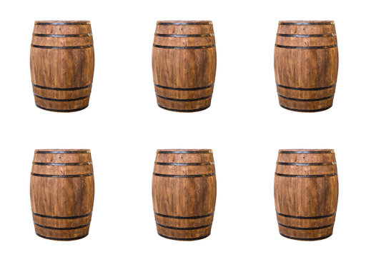 Oak barrel brown with metal hoops on a white isolated background
