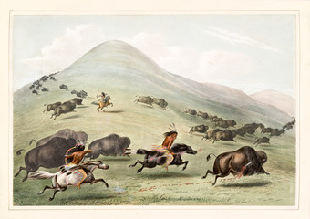 Old watercolor illustration of native indians hunting buffalos running on a vast grassland. By G. Catlin, publ. on Catlin's North American Indian Portfolio Ackerman, New York, 1845 © Mannaggia