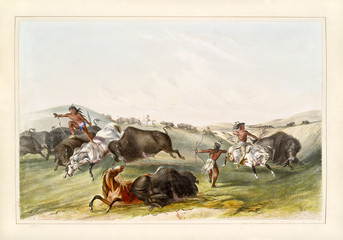 Old watercolor illustration of native indians hunting buffalos. By G. Catlin, publ. on Catlin's North American Indian Portfolio Ackerman, New York, 1845