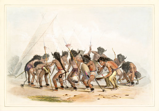 Old watercolor illustration of the native indian buffalo dance. By G. Catlin, Catlin's North American Indian Portfolio, Ackerman, New York, 1845