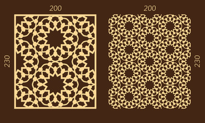 Laser cutting set. Woodcut vector panel. Plywood lasercut eastern design. Hexagonal seamless pattern for printing, engraving, paper cutting. Stencil ornament.