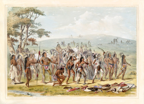 Group of native indians keep in training with their arches on a grassland. Old watercolor illustration by G. Catlin, Catlin's North American Indian Portfolio, Ackerman, New York, 1845