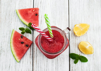 Jars with watermelon smoothie
