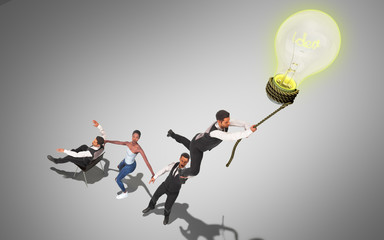 Concept of a successful team idea A light bulb that pulls people up 3d render on grey