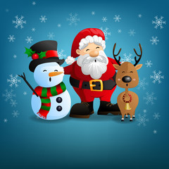 Santa Claus, snowman and reindeer on a snow-covered winter and merry christmas background for Greeting card, vector and illustration.