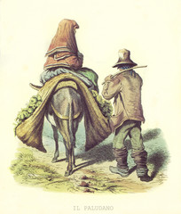 itinerant greengrocer back views with his donkey and wife. By Duclere and Di Bartolo, De Bourcard, Usi e Costumi di Napoli e contorni dipinti e descritti, Nobile, Napoli, 1853-58