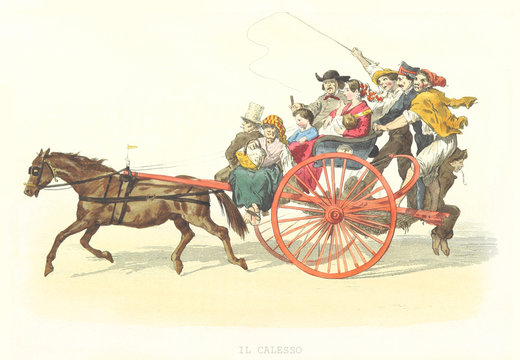 ancient chariot carrying many people on it. By F. Palizzi, De Bourcard, Usi e Costumi di Napoli e contorni dipinti e descritti, Nobile, Napoli, 1853-58