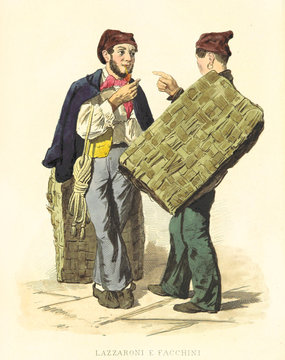 Two porters speaking each other holding ancient baskets. Old illustration by F. Palizzi, publ. on De Bourcard,  Usi e Costumi di Napoli e contorni dipinti e descritti, Ed. Nobile, Napoli, 1853-58