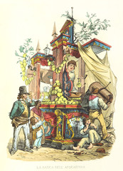 Ancient stall of a water vendor rich of lemons. Old illustration by Martorana and F. Palizzi, publ. on De Bourcard, Usi e Costumi di Napoli e contorni dipinti e descritti, Ed. Nobile, Napoli, 1853-58