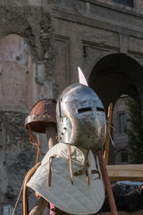 Medieval Iron Helmet and Pole Weapon