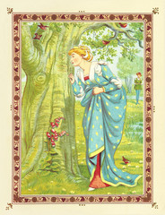 lover woman looks at love heart symbol carved on a tree trunk. Medieval romantic context in a floral frame. Old colorful illustration by Crane and Greenaway, The Quiver of Love, ed. Marcus Ward, 1876