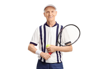Naklejka premium Senior with a tennis racket and a ball