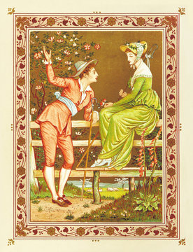 Man courting a beautiful woman in a garden. Vintage romantic context in a floral frame. Old colorful illustration by Crane and Greenaway, The Quiver of Love, ed. Marcus Ward, London and Belfast, 1876