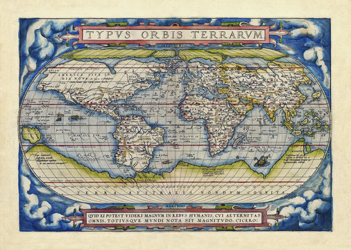 Old map of the world. Full globe realized in ancient style. Blue cloud theme decoration on each frame corner . By Ortelius, Theatrum Orbis Terrarum, Antwerp, 1570