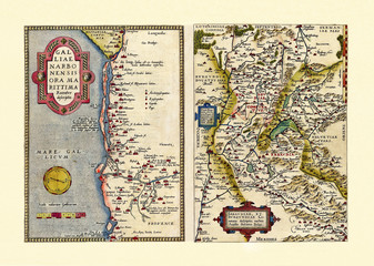 Detailed old map of French regions. Excellent state of preservation realized in ancient style. Two graphic compositions inside a frame border. By Ortelius, Theatrum Orbis Terrarum, Antwerp, 1570