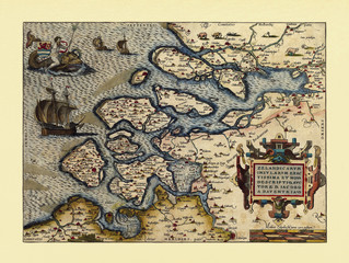 Old map of Netherlands. Excellent state of preservation realized in ancient style. All the graphic composition is inside a frame. By Ortelius, Theatrum Orbis Terrarum, Antwerp, 1570