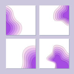 Square banners with 3D abstract purple shapes in papercut style. Concept design of gradient topographic.