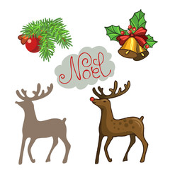 Cartoon new year set. A branch of spruce with a New Year's ball, Christmas bells with a ribbon and berries and a deer Noel