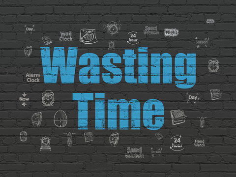 Timeline concept: Painted blue text Wasting Time on Black Brick wall background with  Hand Drawing Time Icons